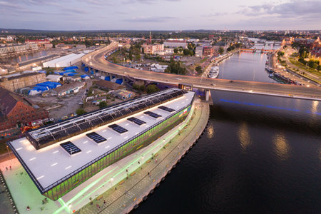 Szczecin Maritime Science Center: Aerial View at Dusk with Cityscape. Szczecin Poland.の写真素材
