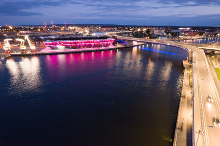 Szczecin Maritime Science Center on the Oder River: Illuminated Night View. Szczecin Poland.の写真素材