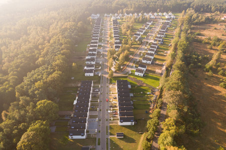 Aerial drone view of a modern housing estate with identical white houses located next to a green forest. The residential neighborhood is bathed in the warm, hazy light of a sunrise or sunset, creating long shadows. This image represents concepts such as real estate, property development, suburban living, and community.の写真素材