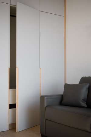 A detail of a modern and minimalist room interior. It features a custom-built wardrobe with clean, light gray doors and unique plywood handles. A dark gray leather sofa with a pillow is placed next to the closet. The design emphasizes simplicity, functionality, and a neutral color palette. Concept of contemporary furniture design, interior architecture, and smart storage solutions.の写真素材