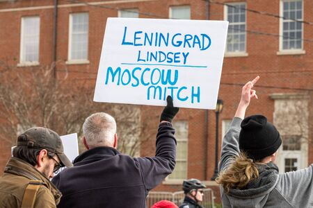CHARLOTTE, NORTH CAROLINA/USA - February 7, 2020: Anti-Trump protesters demonstrate durng the...