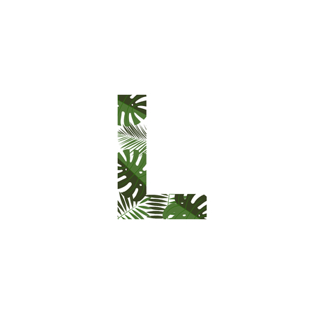 Tropical Jungle Vector Logo Letter L. L Letter Design Vector Jungle Monsterra Leaves.のイラスト素材