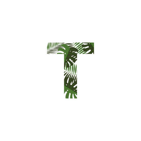 Tropical Jungle Vector Logo Letter T. T Letter Design Vector Jungle Monsterra Leaves.のイラスト素材