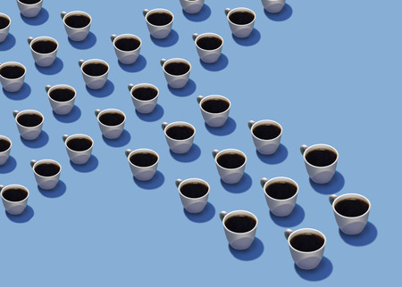 Cups of coffee in rows on a blue background are seen in this illustration. The theme of this background graphic is hot coffee drinks, expresso and lattes.の写真素材