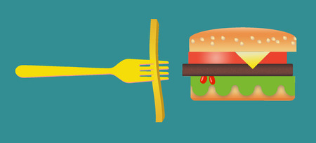 Here is a stylized image of a hamburger and french fries isolated on a white background.の写真素材