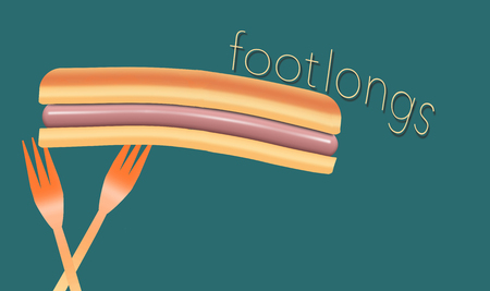 Hotdogs are the topic of this colorful image of hotdogs, buns and plastic picnic forks. This is an illustration.の写真素材