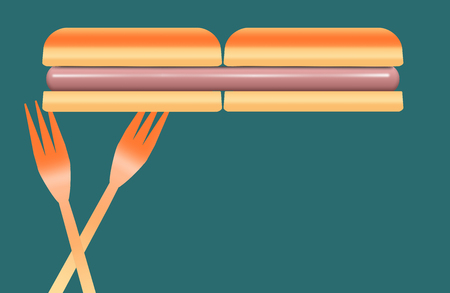 Hotdogs are the topic of this colorful image of hotdogs, buns and plastic picnic forks. This is an illustration.の写真素材