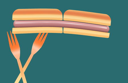 Hotdogs are the topic of this colorful image of hotdogs, buns and plastic picnic forks. This is an illustration.の写真素材