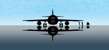 Airplane maintenance is the focus of this image where a plane in a hanger is being serviced. This is an illustration.の写真素材