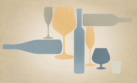 Liquor bottles and glassware are seen silhouetted in color in this background illustration.  This is an illustration.の写真素材