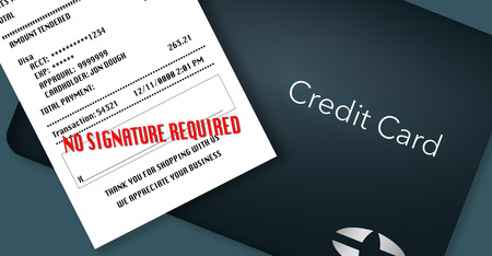 No signature required is the trend for credit card receipts. Here is an illustration of a credit card and receipt with the words "No signature required" on the receipt.の写真素材