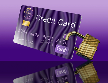This illustration is of a mock credit card with an attached padlock to represent credit card security.の写真素材