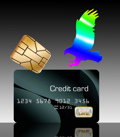 The EMV security chip on credit cards  and a hologram eagle landing on the card are seen in this illustration about credit card security.の写真素材