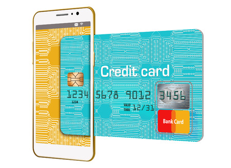 Here is a generic, mock (safe to publish)  credit card combined with a cell phone to illustrate the relationship between the two, such as tap to pay and other functions.の写真素材
