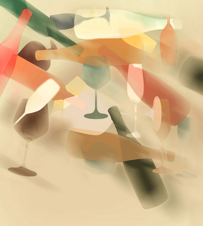 Glasses and wine bottles are seen in abstract motion and color in this illustrationの写真素材