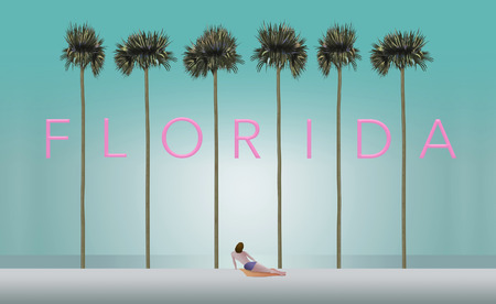 Tall palm trees and a sunbather on a white sand beach set the scene for the vacation destination Florida. This is an illustration.の写真素材