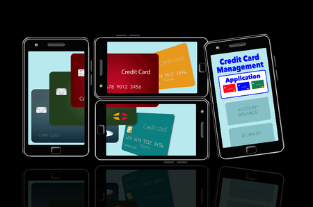Here is an image about cell phone apps that help you manage and keep track of credit cards and credit card spending. Cards and the application appear on multiple phones. This is an illustration.の写真素材