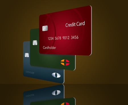 Three credit cards cast their shadow in this 3-D illustration of cards hovering over a white surface making a dramatic view of ordinary cards.の写真素材