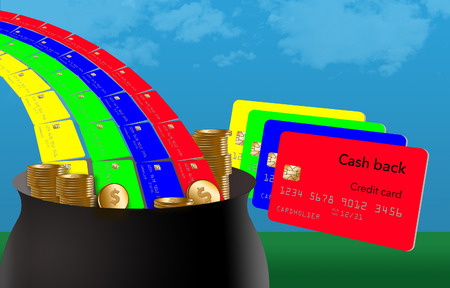Getting cash back  on credit card purchases is like finding the pot of gold at the end of a rainbow. This is an illustration about that theme.の写真素材