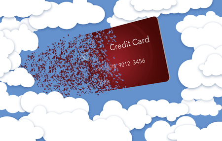 The theme of this illustration: Is your data safe and recoverable when it is stored in the cloud. Data is shown disintegrating and floating away among clouds in a blue sky.の写真素材