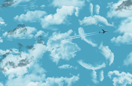 The cost of air travel is illustrated with clouds in the shape of a dollars sign and a jet airliner with contrail in a blue sky. This is an illustration.の写真素材
