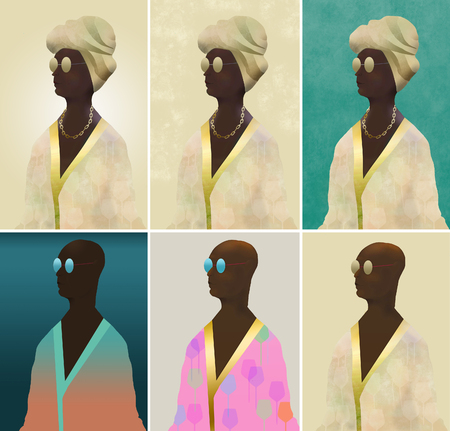 Here is an African American person in a robe that is beachwear. This is an illustration.の写真素材