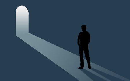 Opportunity is beckoning. A door is open and inviting as a person considers the situation. Light steams into a room where the person is seen in silhouette. This is an illustration.の写真素材