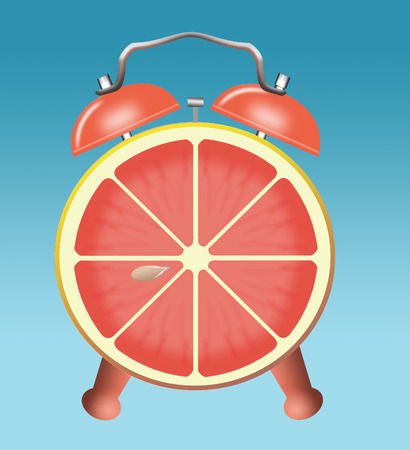 Eating citrus fruit for breakfast is illustrated with a slice of grapefruit pictured as the face of an alarm clock. This is an illustration.の写真素材