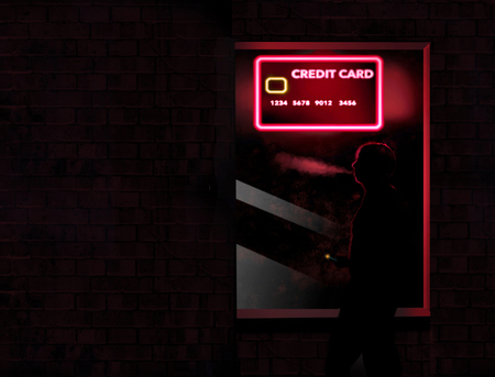 A neon sign that looks like a credit card is in the window at night as shady characters hang out nearby. Theme: Be careful when shopping for a new credit card. This is an illustration.の写真素材