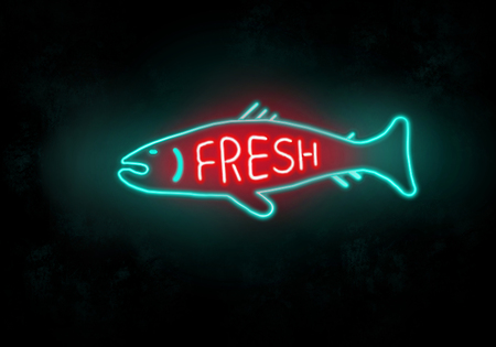 A neon sign that looks like a fish and includes in red letters the word "fresh" is seen here. Dark background with text area.  This is an illustration.の写真素材