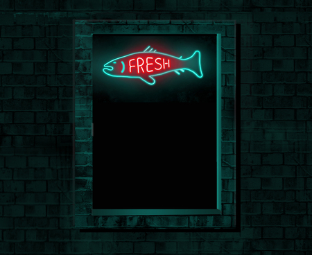 A neon sign that looks like a fish and includes in red letters the word "fresh" is seen here. Dark background with text area.  This is an illustration.の写真素材