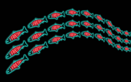 A glowing neon sign shows a fish with the word fresh and a large school swimming on the page in this seafood illustration. This is a food illustration.の写真素材