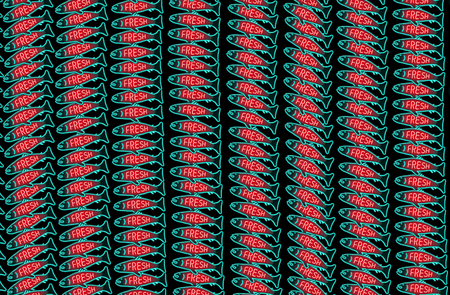 A glowing neon sign shows a fish with the word fresh and a large school swimming on the page in this...