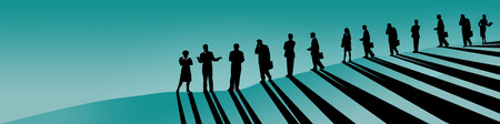 A line of business people, men and women, are seen on a hillside as they follow their female leader,...