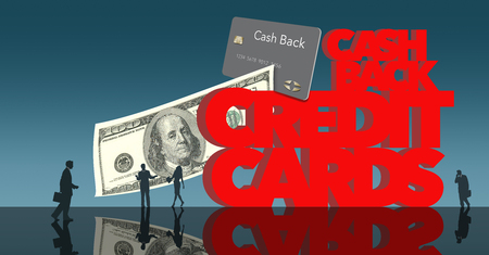 Cash back reward credit cards is the subject of this image of giant letters and little people in a public place. This is an illustration.の写真素材