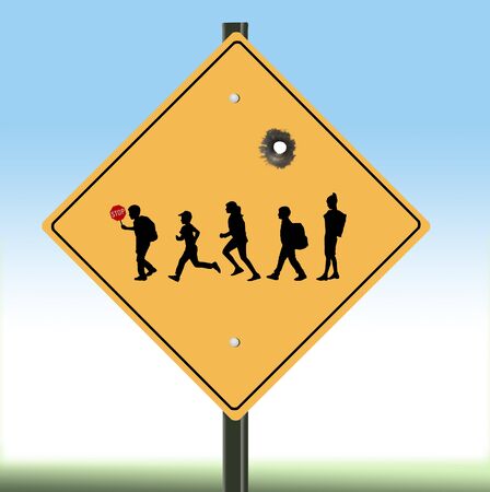 A school crosswalk sign is seen in this illustration with a bullet hole to speak to the issue of keeping children safe in schools and safe from gun violence.の写真素材