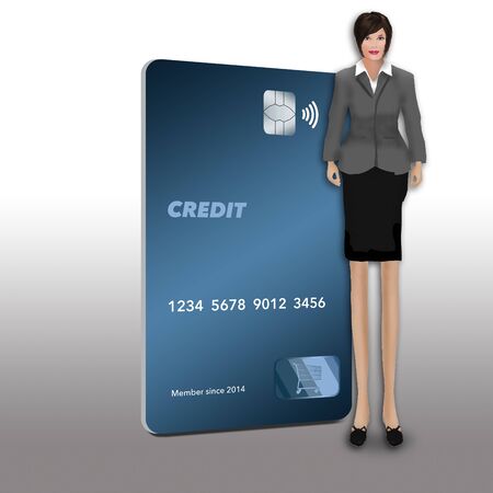 This a generic mock credit card that is in the modern vertical format. Isolated on a white background. An enlongated female figure stands next to the card.の写真素材