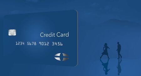 A blue credit card is seen on a blue background with mountains, people and water.の写真素材