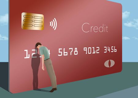An exasperated man leans with his head down against a giant credit card in this illustration about credit trouble.の写真素材