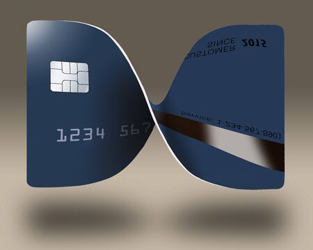 A credit card or debit card is twisted, bent into the shape of bow tie or ribbon bow in this illustration. The blue card hovers and casts soft shadow.の写真素材