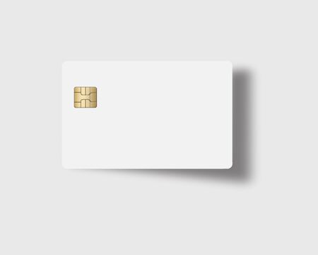 Here is a blank white credit or debit card with a golden EMV chip. Text area. Copy area.  The card casts a shadow on a light gray background.の写真素材