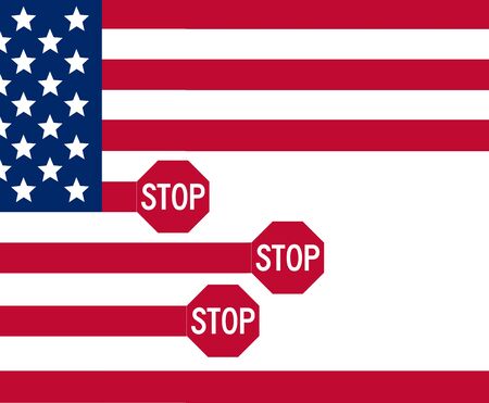 A USA flag has some red stripes that end abruptly with a red and white stop sign in this illustration.の写真素材