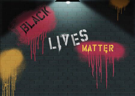 Black Lives Matter is written in stencils and spray paint on a brick wall seen at night illuminated by a light bulb. Text area available.の写真素材