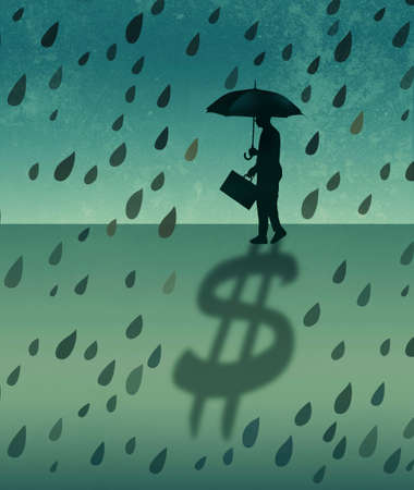 A businessman and stock investor protects his wealth shown as a dollar sign shadow during a stormy patch of weather in the financial markets.の写真素材