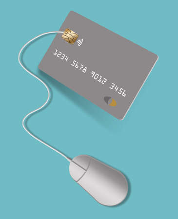 A computer mouse is connected to a credit or debit card with a cable in this illustration about online shopping.の写真素材