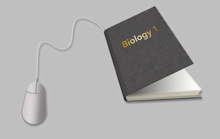 A computer mouse is connected to a Biology textbook in this illustration about e-learning during coronavirus.の写真素材