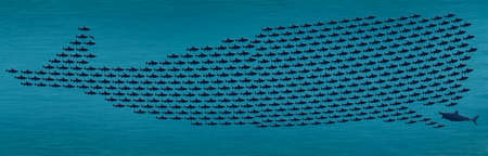 Small fish come together, unite, to become a whale in this illustration about people joining forces...