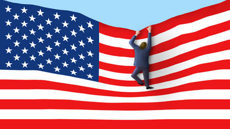 A man is seen climbing up the USA flag like a ladder in this 3-D illustration that is a metaphor for looking for success in America.の写真素材