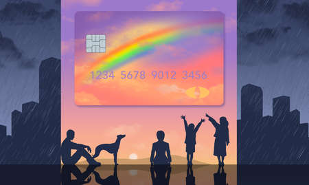 A family is seen enduring a rainy day by using a credit card decorated with a rainbow in this ...
