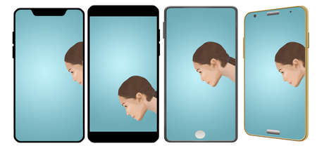 A teen girl is seen on four cell phone screens in this illustration about self portraits, also known as selfies.の写真素材